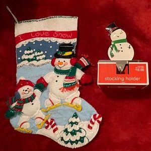 Beautiful hand made Bucilla felt Christmas stocking & matching hanger.